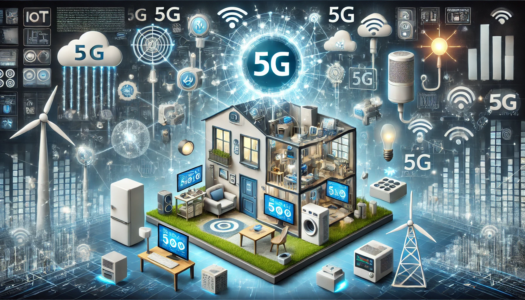 Smart home with IoT devices connected through 5G Technology.