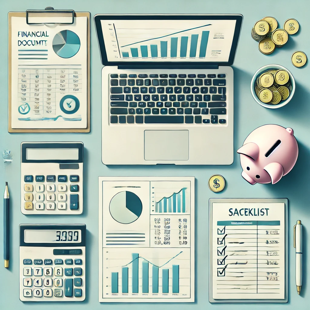 Financial Planning concept with charts, calculator, and a pen on a desk