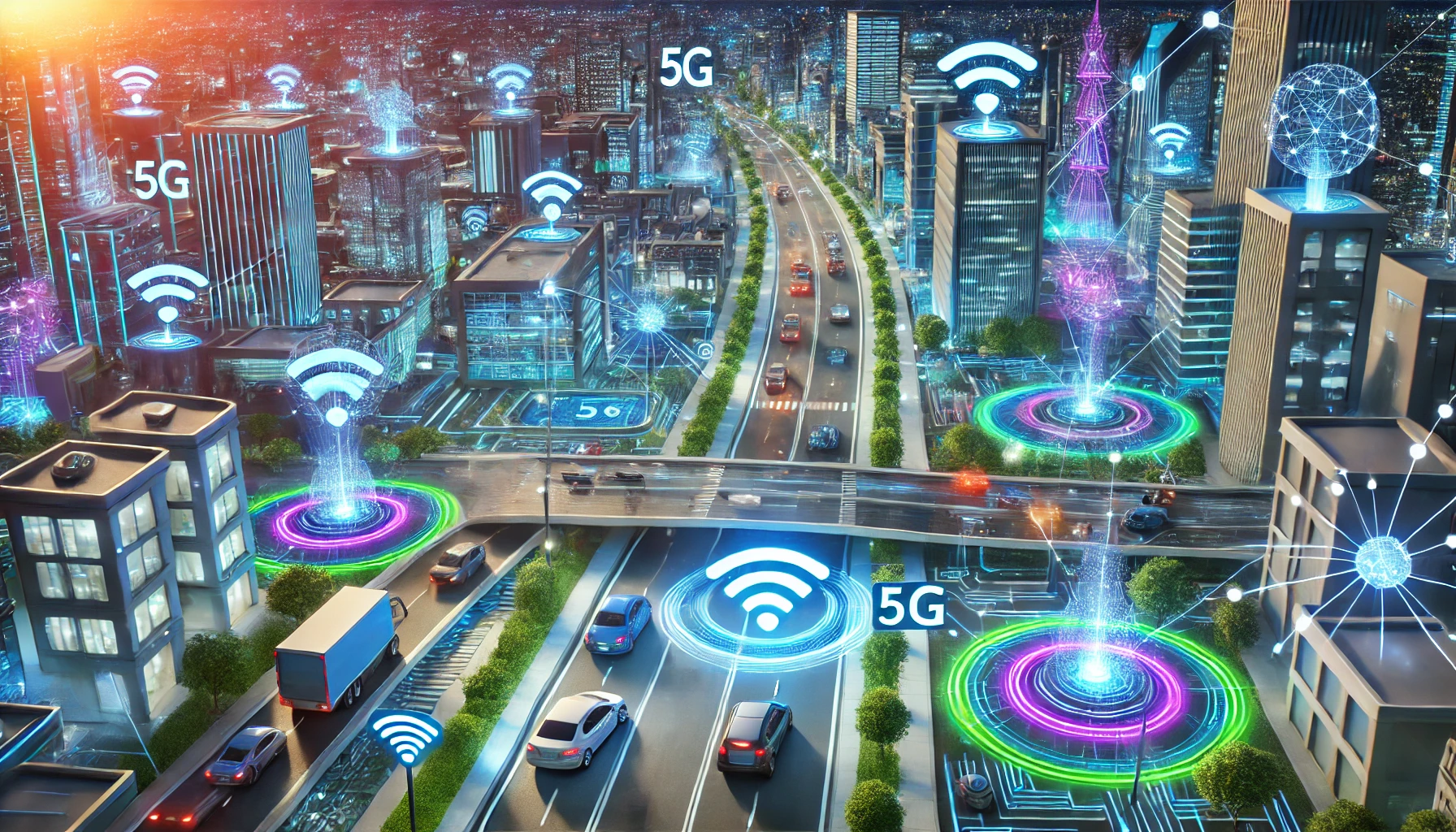 Smart city with 5G Technology powering autonomous vehicles and smart infrastructure.